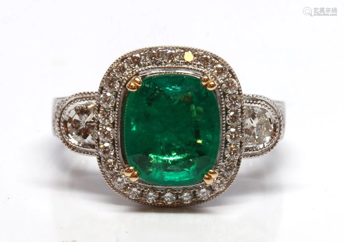 Emerald, diamond, 18K white gold ring