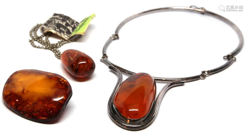 (Lot of 3) amber, silver jewelry suite