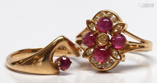 (Lot of 2) Ruby, diamond, yellow gold rings