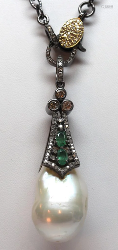 Cultured pearl, emerald, diamond, blacke…