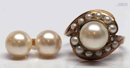 Cultured pearl, 14k yellow gold jewelry suite