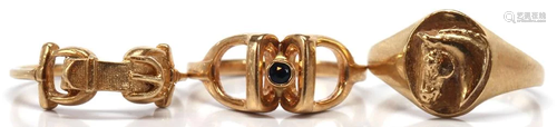 (Lot of 3) Sapphire, yellow gold equestrian rings