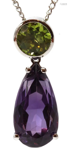 Amethyst, peridot, 14k white gold pendant