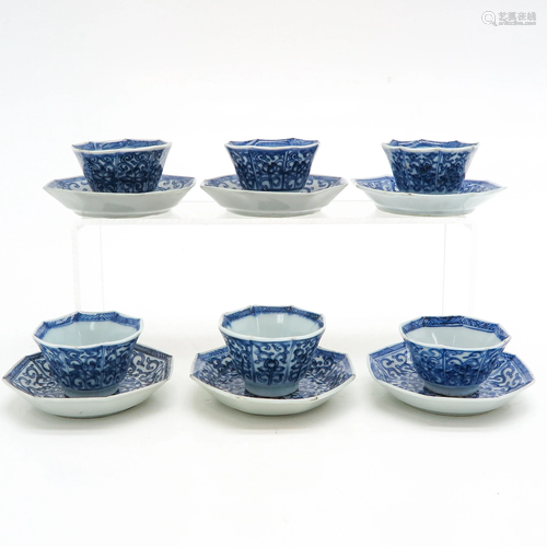 Six Blue and White Cups and Saucers