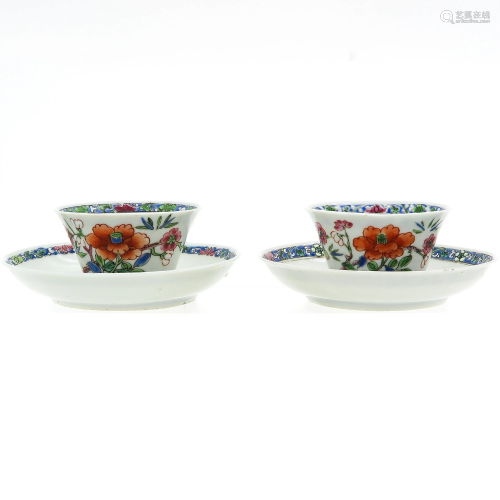 Two Polychrome Decor Cups and Saucers