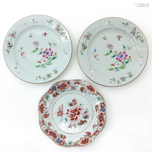 Three Famille Rose Decor Plates