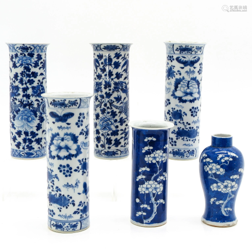 A Collection of 6 Blue and White Vases