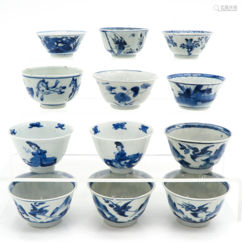 A Collection of 12 Blue and White Cups