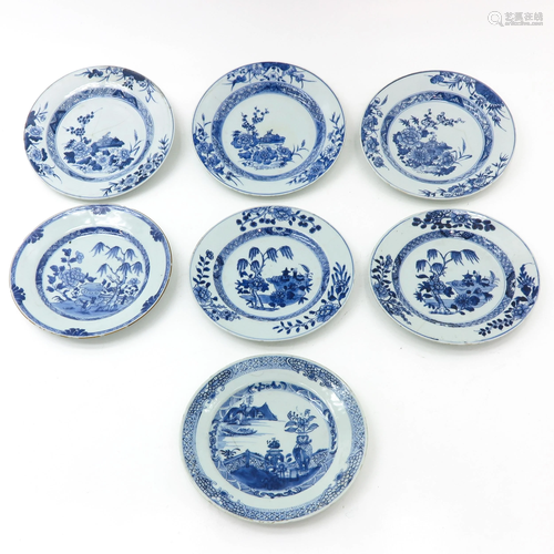 A Collection of 7 Blue and White Plates