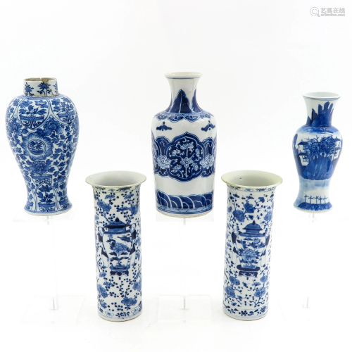 A Collection of 5 Blue and White Vases