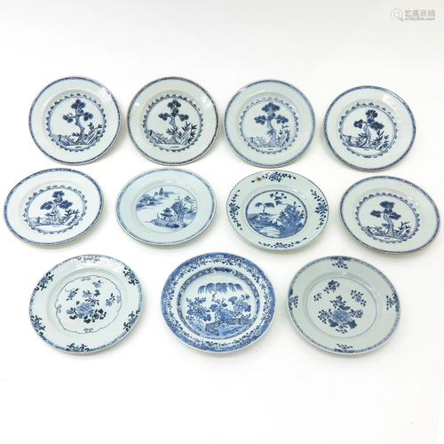 A Collection of 11 Blue and White Plates