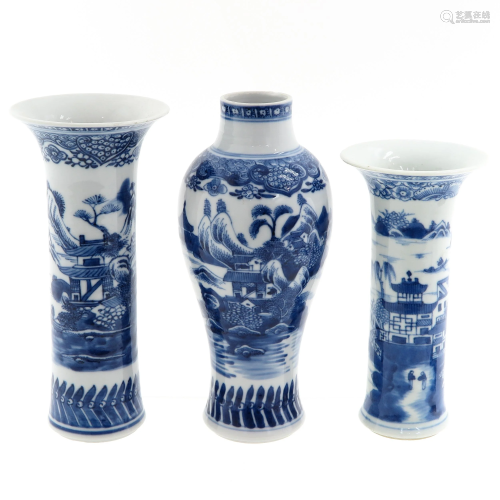 A Collection of 3 Blue and White Vases