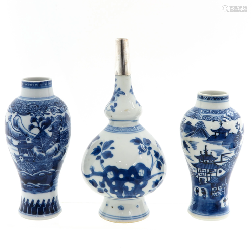 A Collection of 3 Blue and White Vases