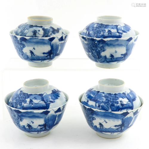 4 Blue and White Bowls with Covers