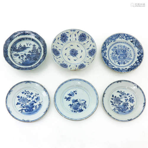 A Collection of 6 Blue and White Plates