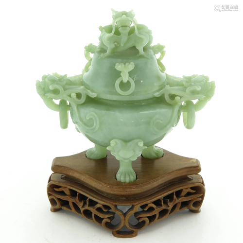 A Carved Jade Tripod Censer with Cover