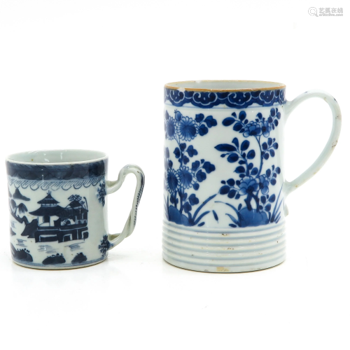 Two Blue and White Cups and Saucers