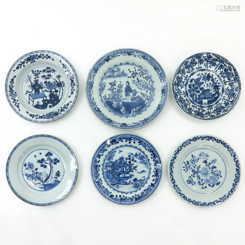 A Collection of 6 Blue and White Plates