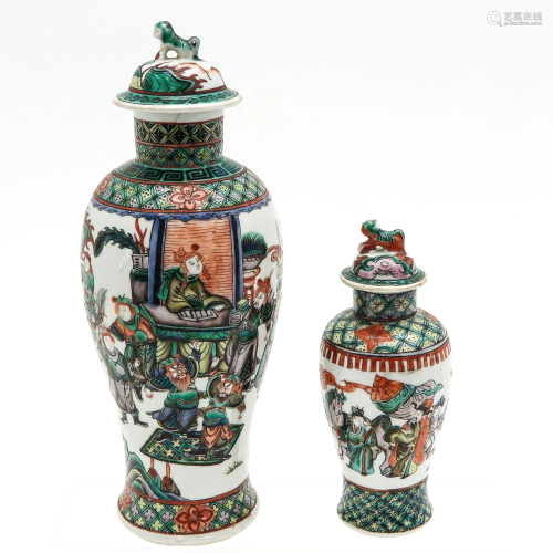 Two Famille Verte Decor Vases with Cover