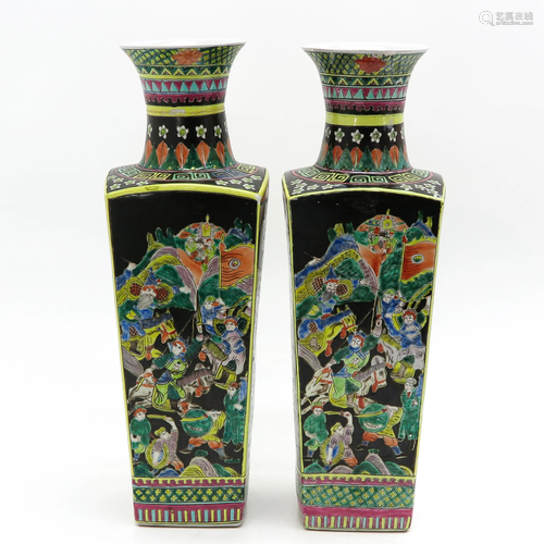 A Pair of Famille Noir Decor Vases