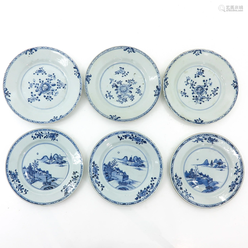 A Collection of 6 Blue and White Plates