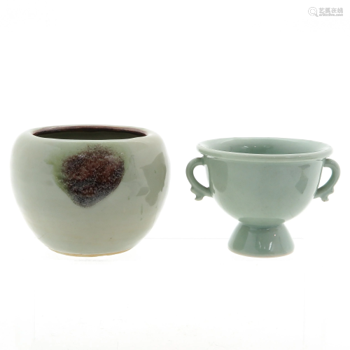 A Celadon Pot and Stem Cup