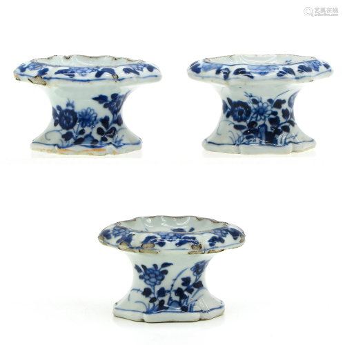 A Set of 3 Blue and White Salt Cellars