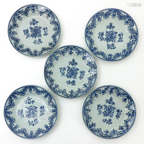 A Series of 5 Blue and White Plates