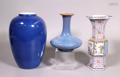 3 Chinese Porcelains; 2 Monochromes, 1 Enamel