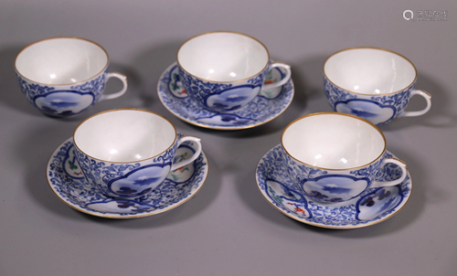 5 Japanese Porcelain Teacups & 3 Saucers Fuka…