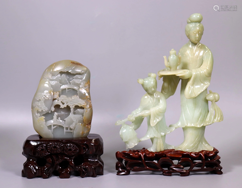 2 Chinese Jades: Scholar's Rock, Lady Immo…