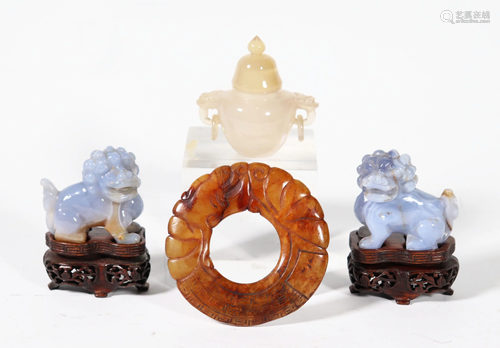 4 Chinese Hardstone Carvings 3 Agate 1 Russet…