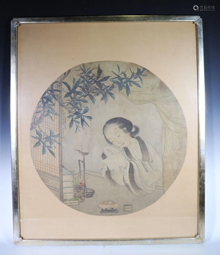 Chinese Qing Silk Painting Beauty Reading a…