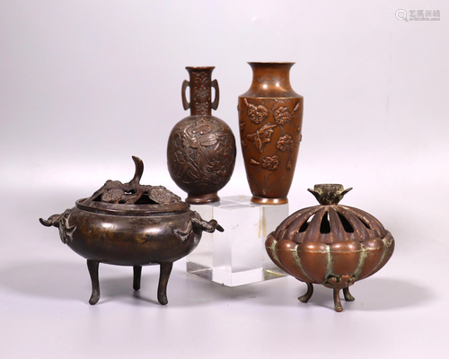 4 Japanese 19 C Bronzes; 2 Incense Burners…