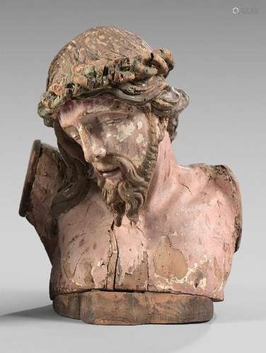 Large head of Christ in polychrome wood. Spain, 17…