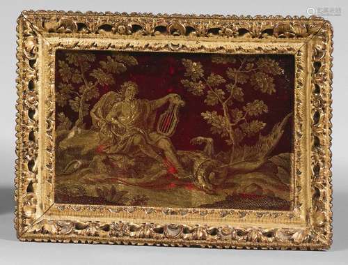 Panel in gilded eglomised glass on a red backgroun…