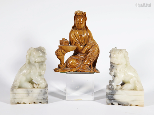 3 Chinese Shoushan Carvings Guanyin Fu Dogs