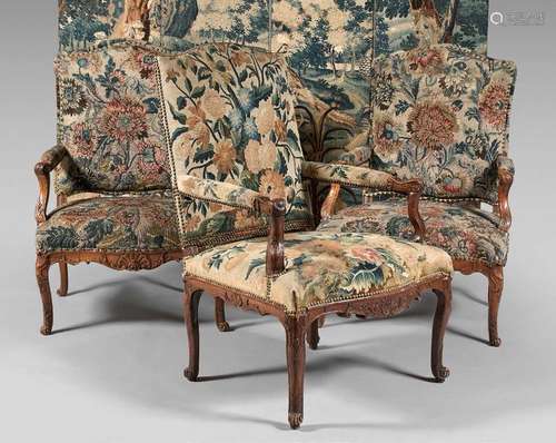 Pair of armchairs with flat curved backs upholster…