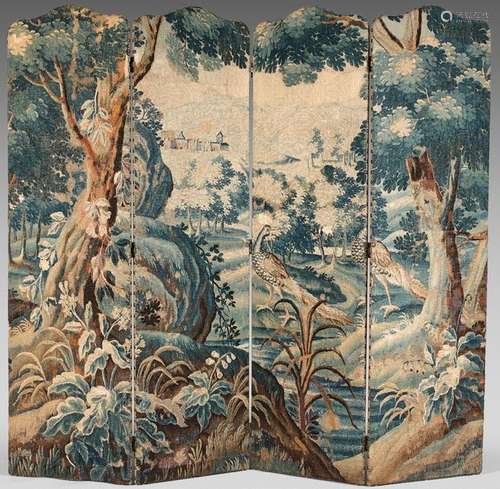 A four leaf curved screen with a tapestry decorate…