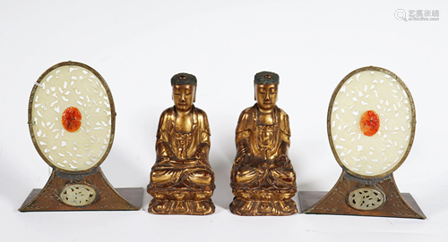 Pr Chinese Gilt Wood Buddhas; Pr Plaques