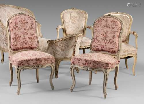 Two cabriolet armchairs and two flat backed chairs…