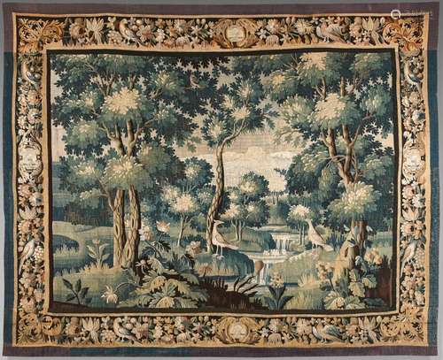 Green tapestry decorated with waders in a vast woo…