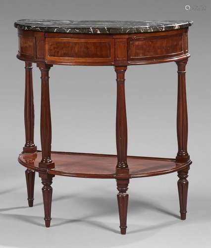 Mahogany half moon console opening to a drawer and…