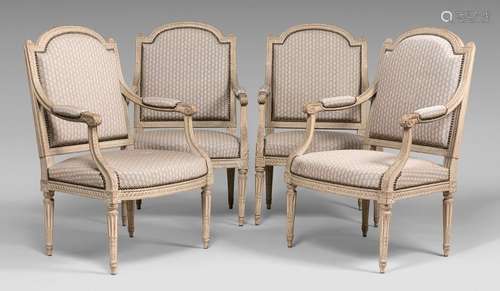 A suite of four flat backed armchairs with curved …