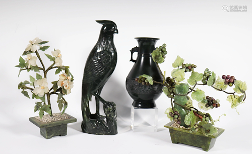 Chinese Jade Bird, Pr Jade Trees, Bronze Vase