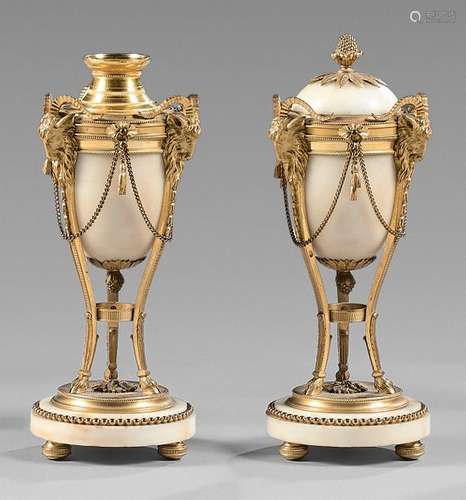 Pair of white marble cassolettes with three gilt b…