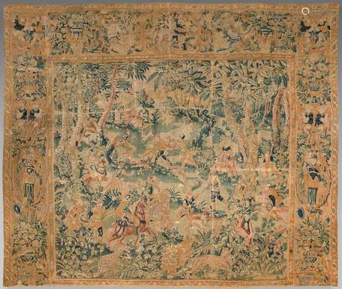 Tapestry decorated with a hunting scene in a woode…