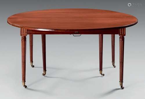 Large round mahogany dining room table with shutte…