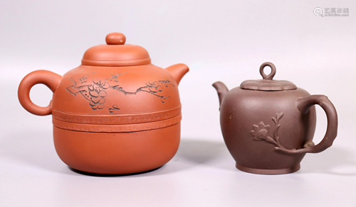 2 Chinese Yixing Teapots; Cups in Base; Per…