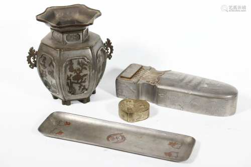 4 Chinese Qing Pewter & Bronze Desk Items